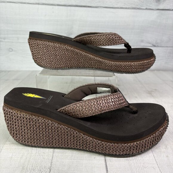 Volatile CANOVA Brown Raffia Straps Wedge Platform Thong Flip Flop Sandals Sz 9 - Picture 2 of 14